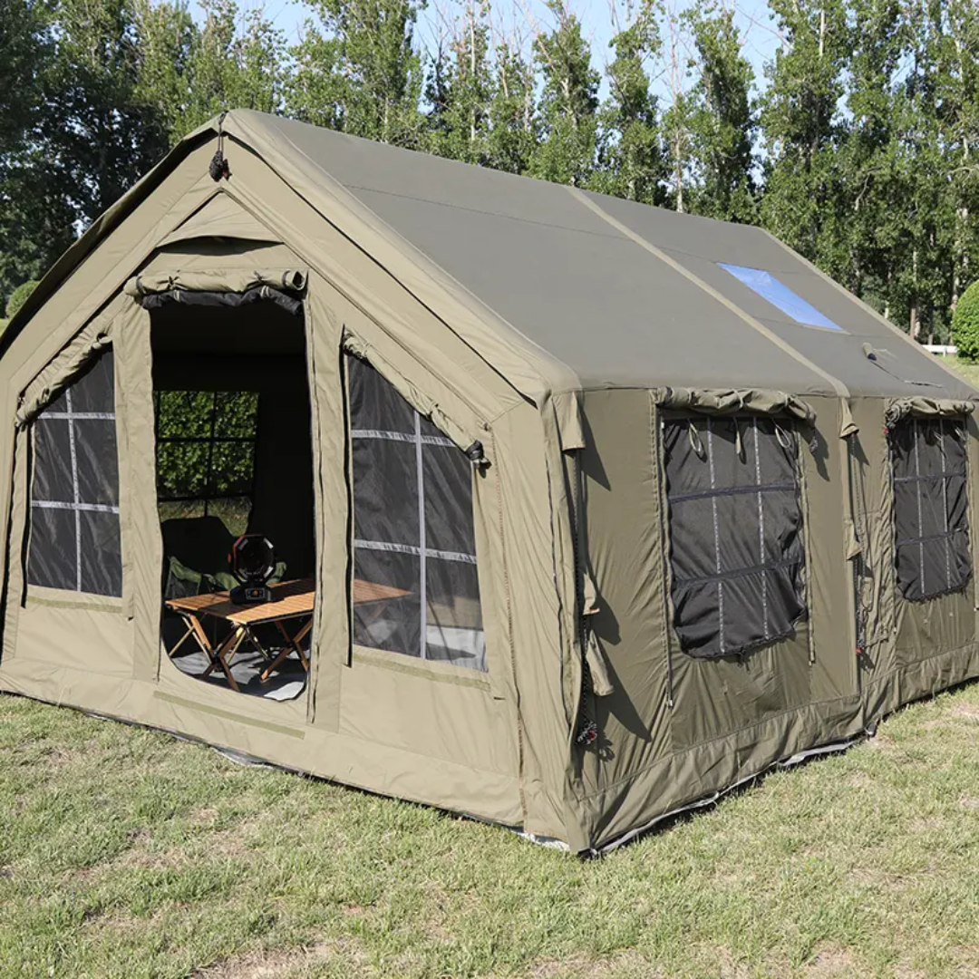 Luxury Inflatable Camping Tent Villa for 10-12 People with free Premium Accessories (Bed, Stove, Chairs & Electric Pump)