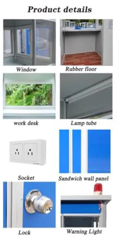 (4x4x7.5ft) Portable Security Guard Cabin, Outdoor Modern Security Booth with Alarm Light(Blue Color)- Extra Thick Metal Sheet